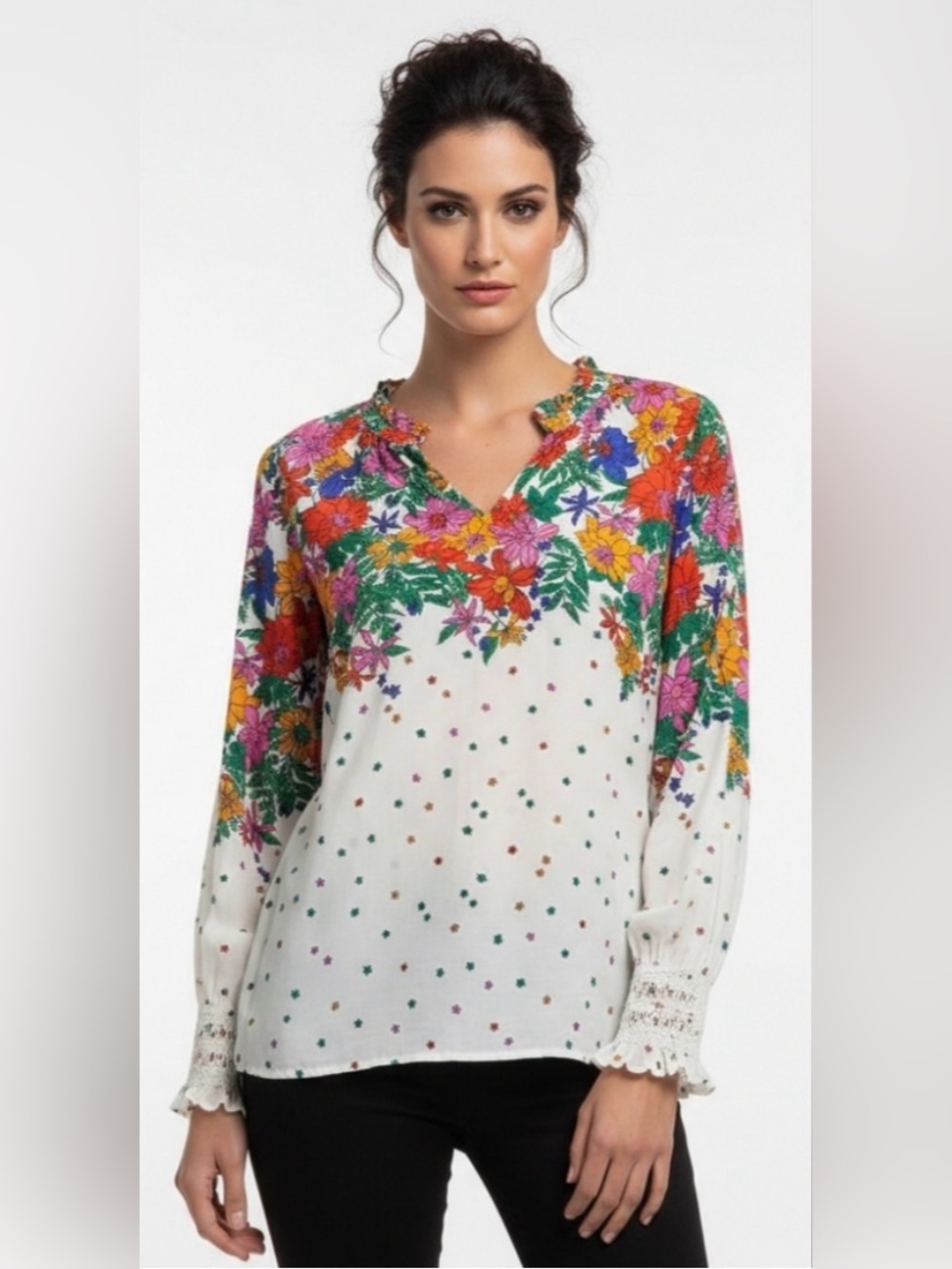 Talbots Blissful floral smocked cuff long sleeve blouse top - Picture 3 of 3